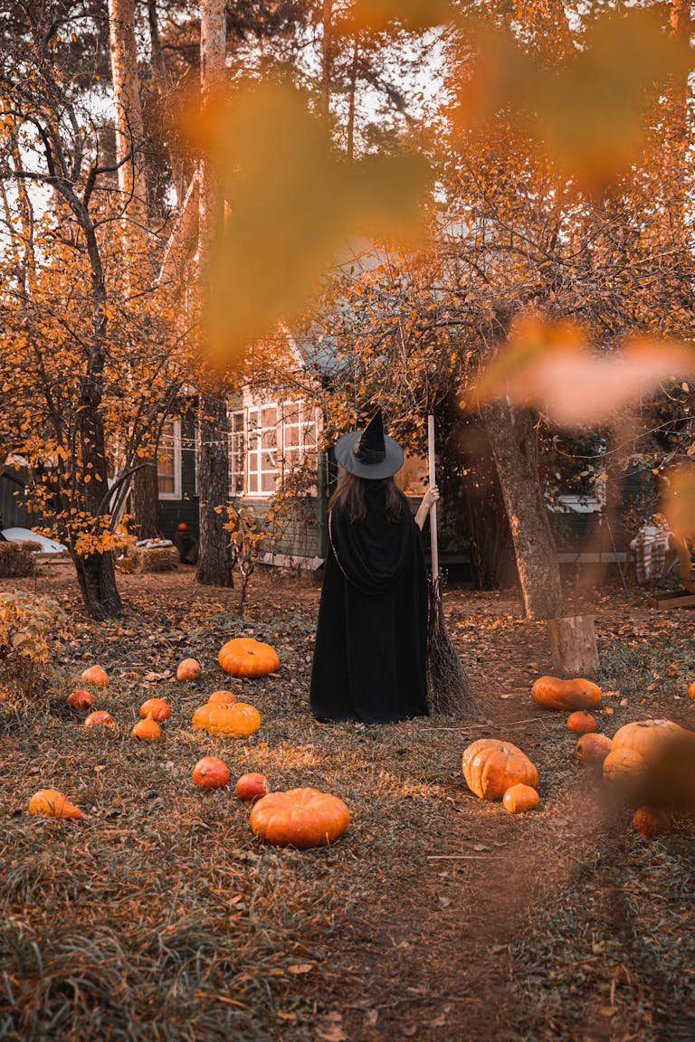 Spooky Halloween scene featuring a witch in a magical autumn forest surrounded by pumpkins.